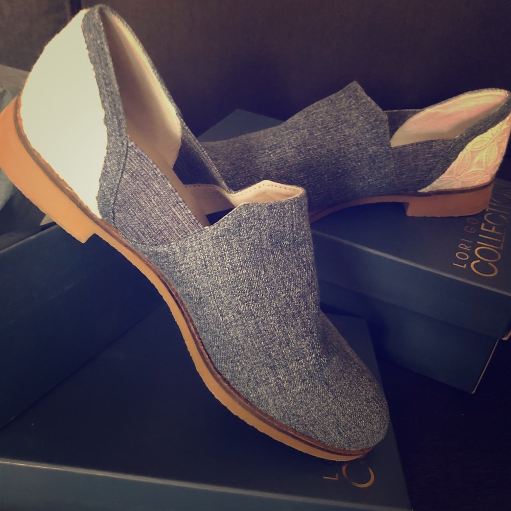 Laura Goldstein Denim & Lace Loafers. New!
